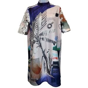 Adidas & The Farm Passino Dress Women`s Size M Multicolor Tropical Mock Neck